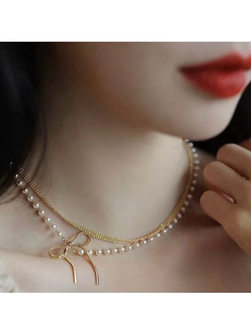 Gold Bow & Pearl Double Strand Layered Necklace 18K Gold Plated Delicate Elegant
